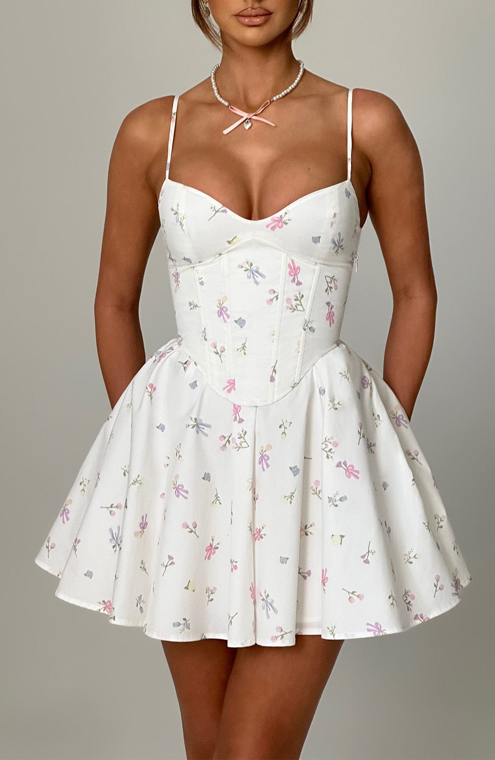 Analise Mini Dress in White Multi Floral Print