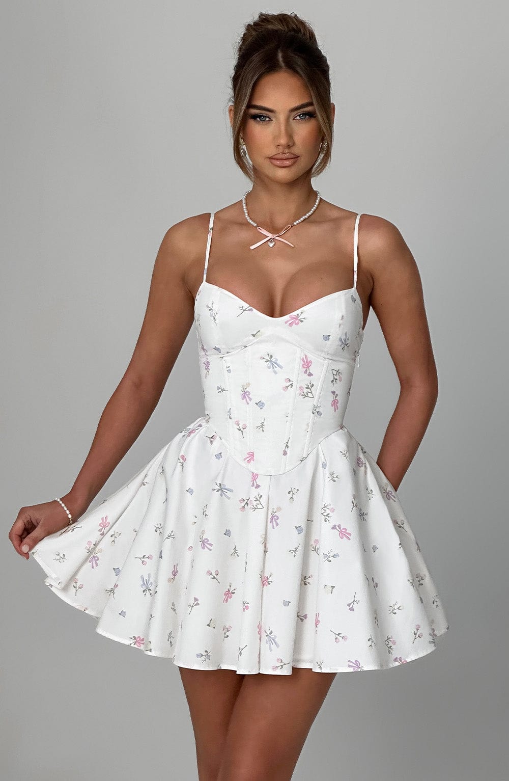Analise Mini Dress in White Multi Floral Print
