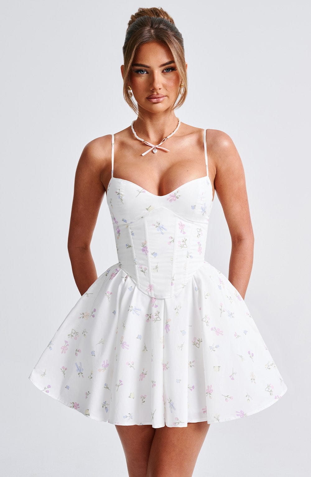 Analise Mini Dress in White Multi Floral Print