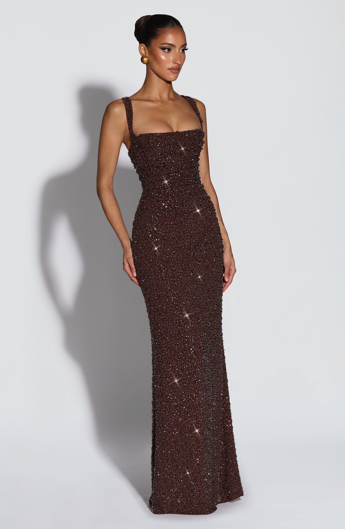 Calandra Maxi Dress in Plum Brown Sparkle