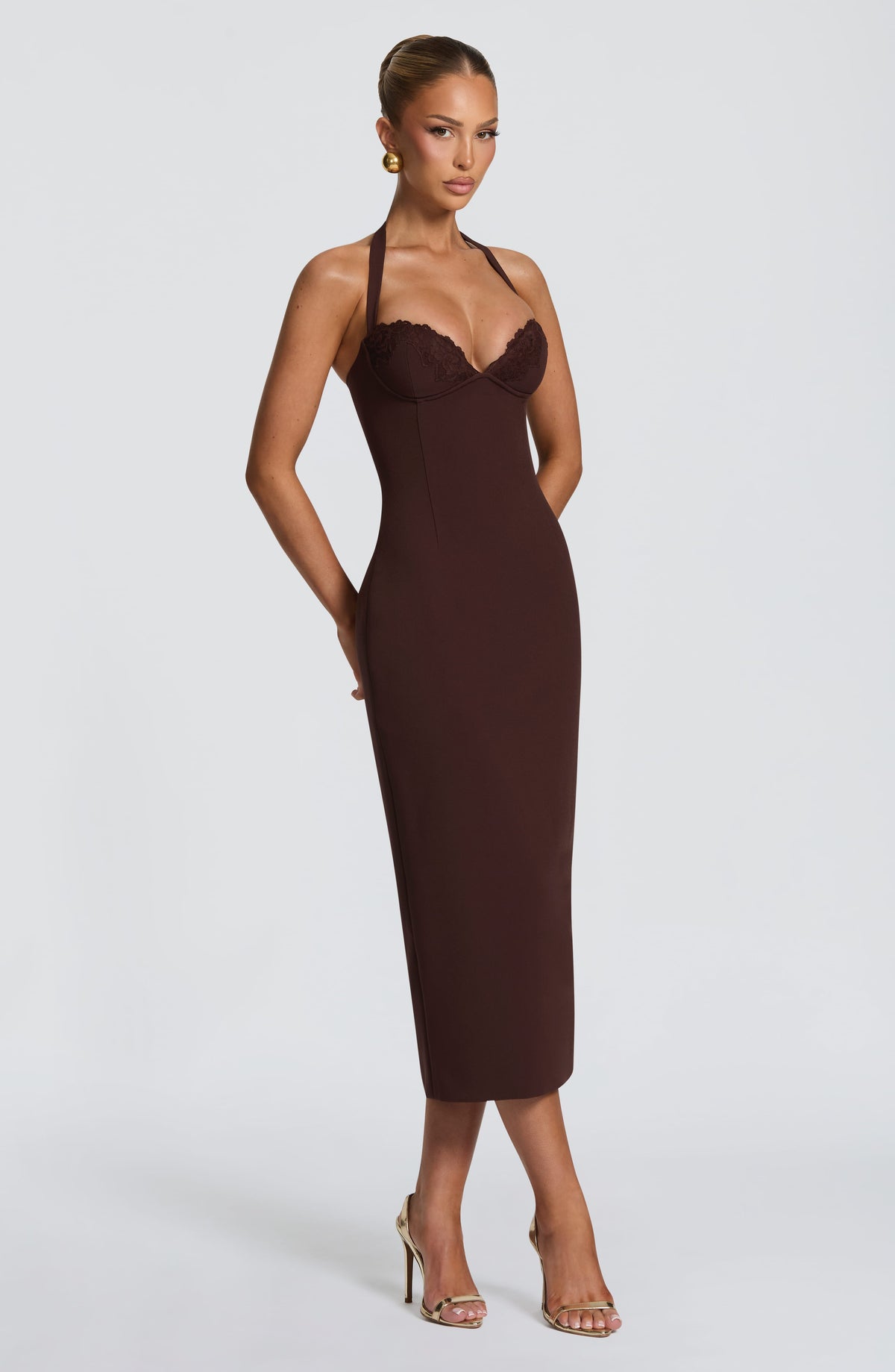 Cassiana Midi Dress in Plum Brown