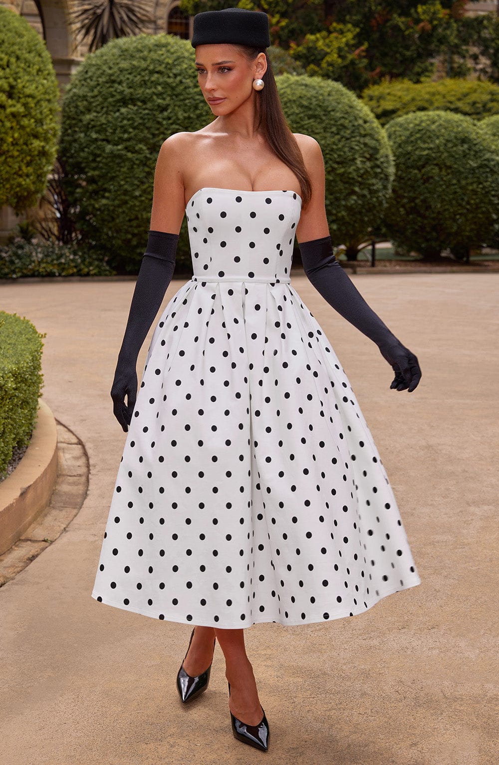 Editha Midi Dress in Black Polka Dot Print
