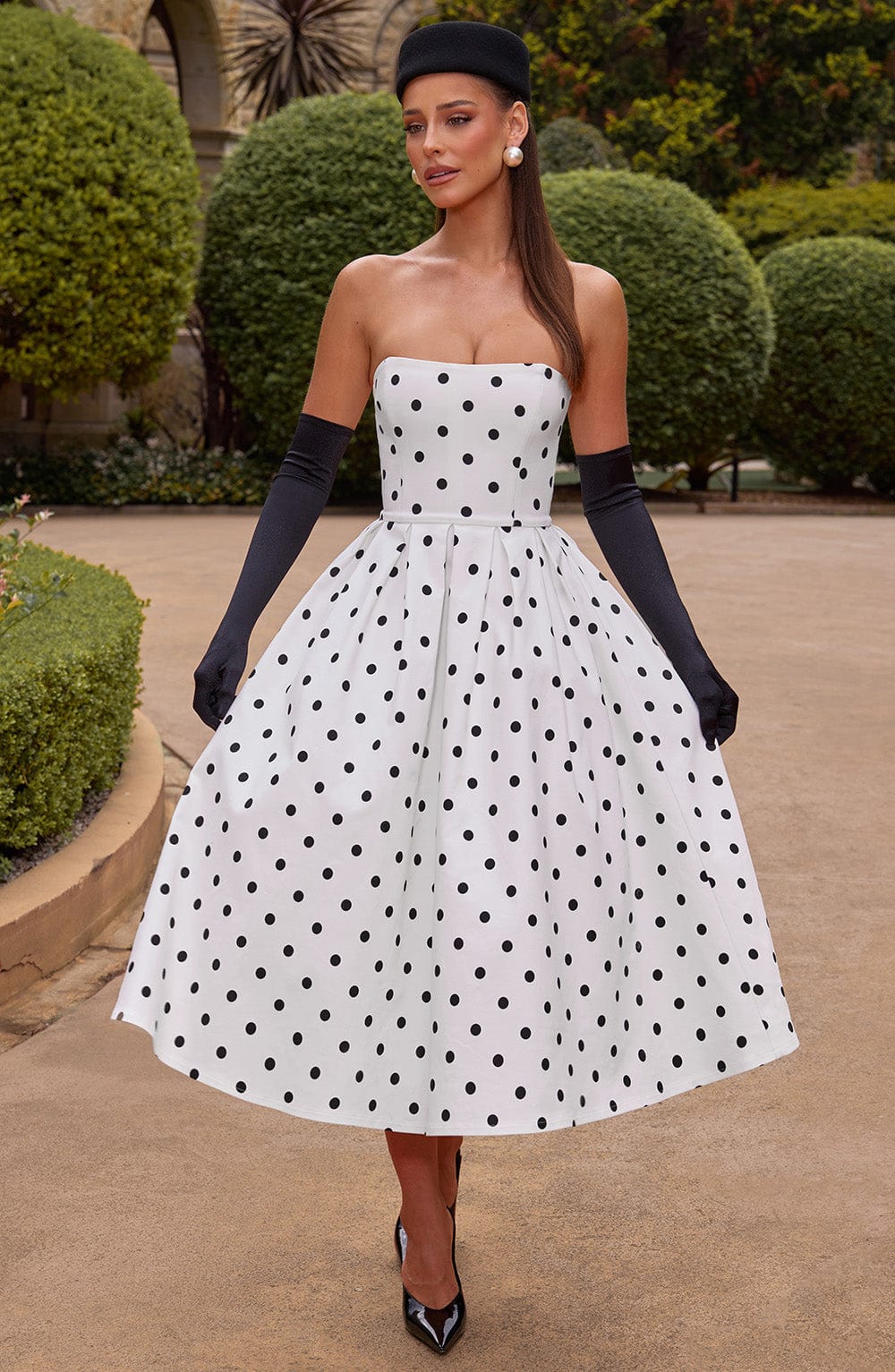 Editha Midi Dress in Black Polka Dot Print