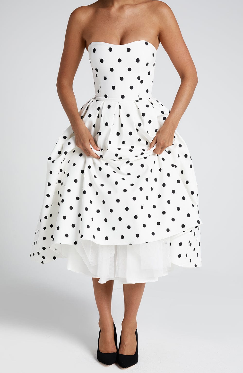 Editha Midi Dress in Black Polka Dot Print