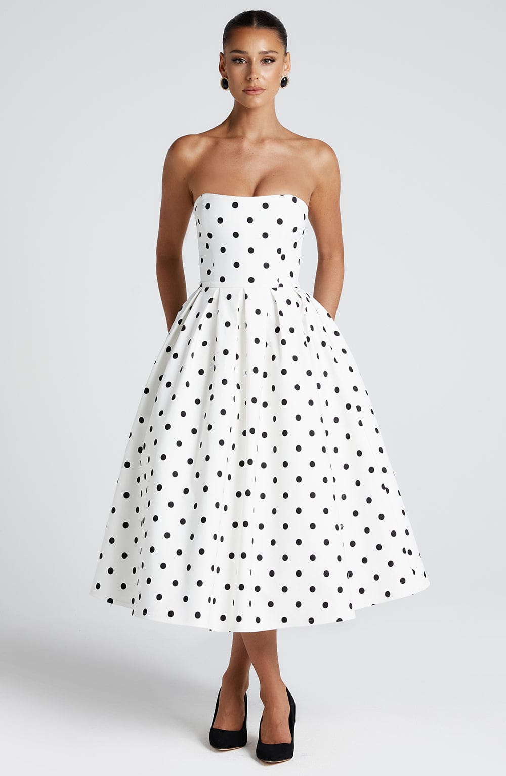 Editha Midi Dress in Black Polka Dot Print