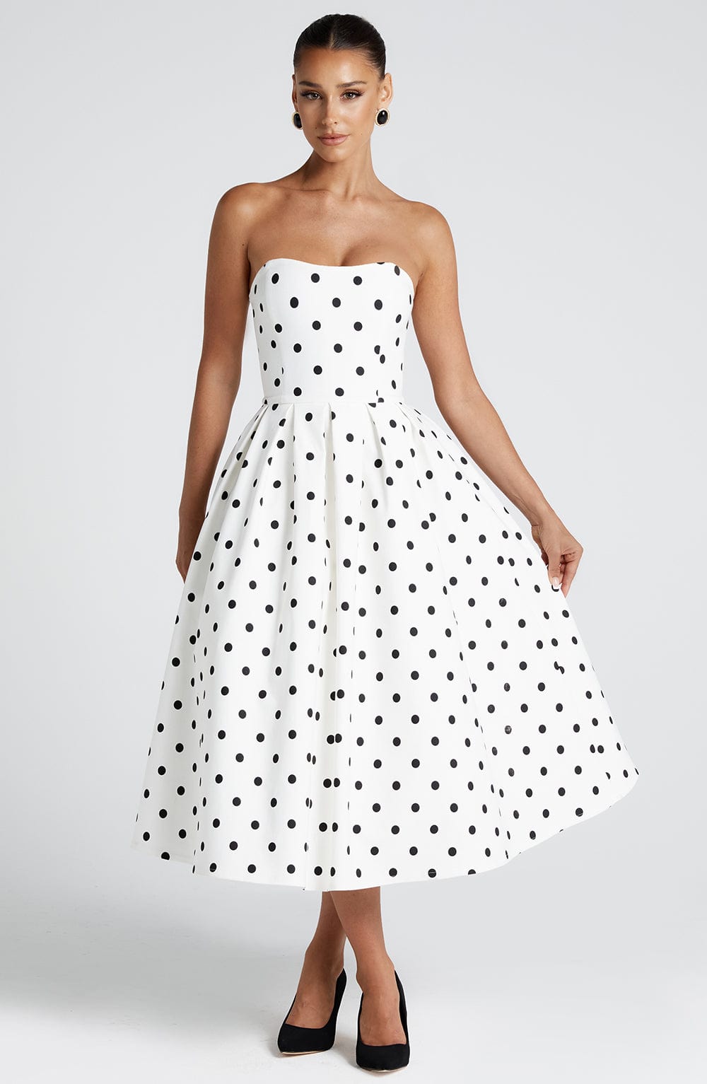 Editha Midi Dress in Black Polka Dot Print