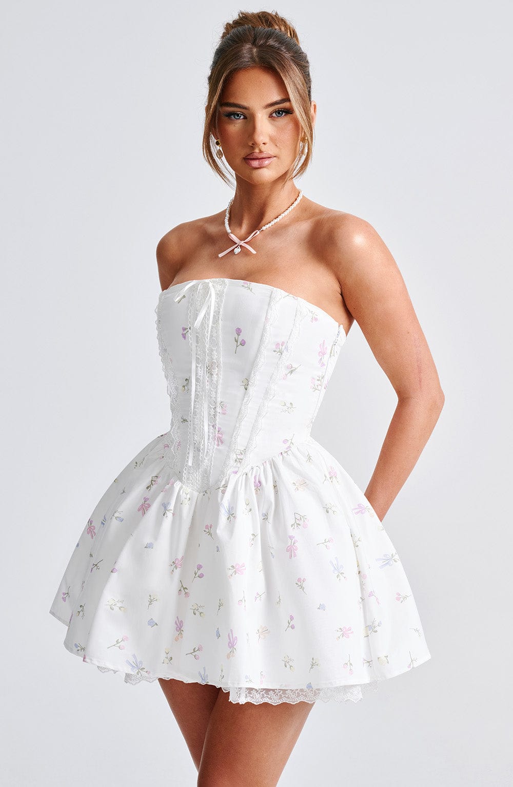 Evienne Mini Dress in White Multi Floral Print