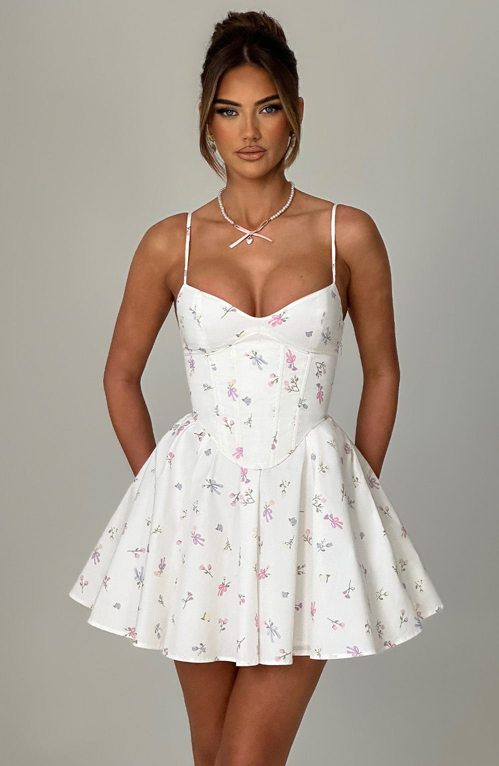 Analise Mini Dress in White Multi Floral Print
