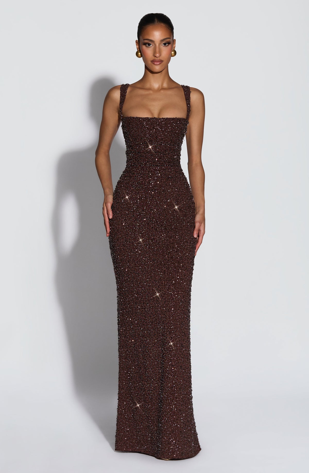 Calandra Maxi Dress in Plum Brown Sparkle