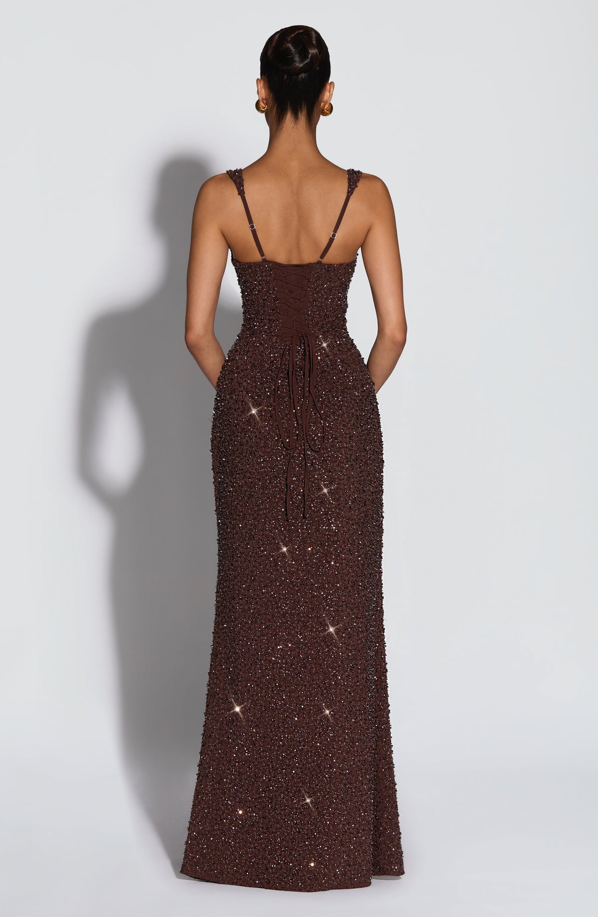 Calandra Maxi Dress in Plum Brown Sparkle