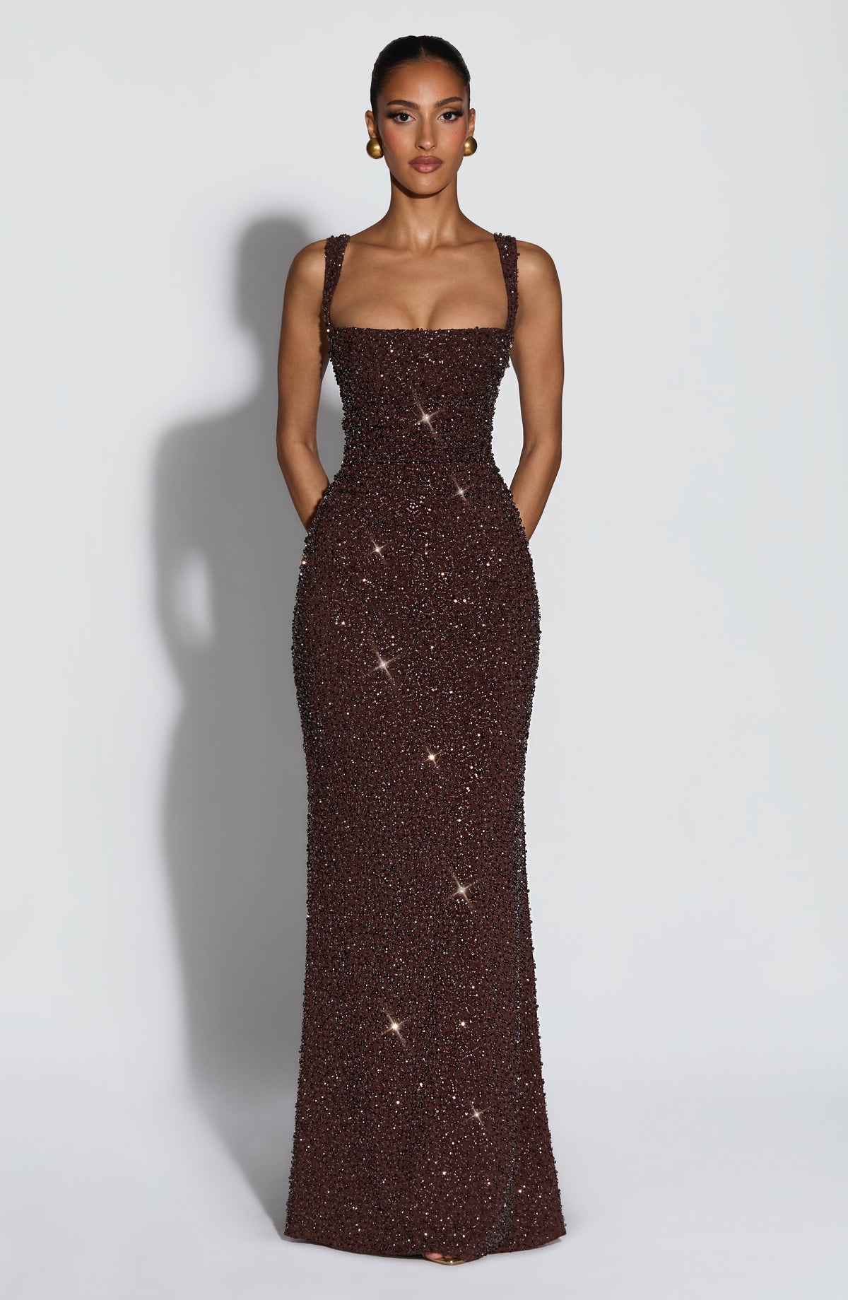 Calandra Maxi Dress in Plum Brown Sparkle