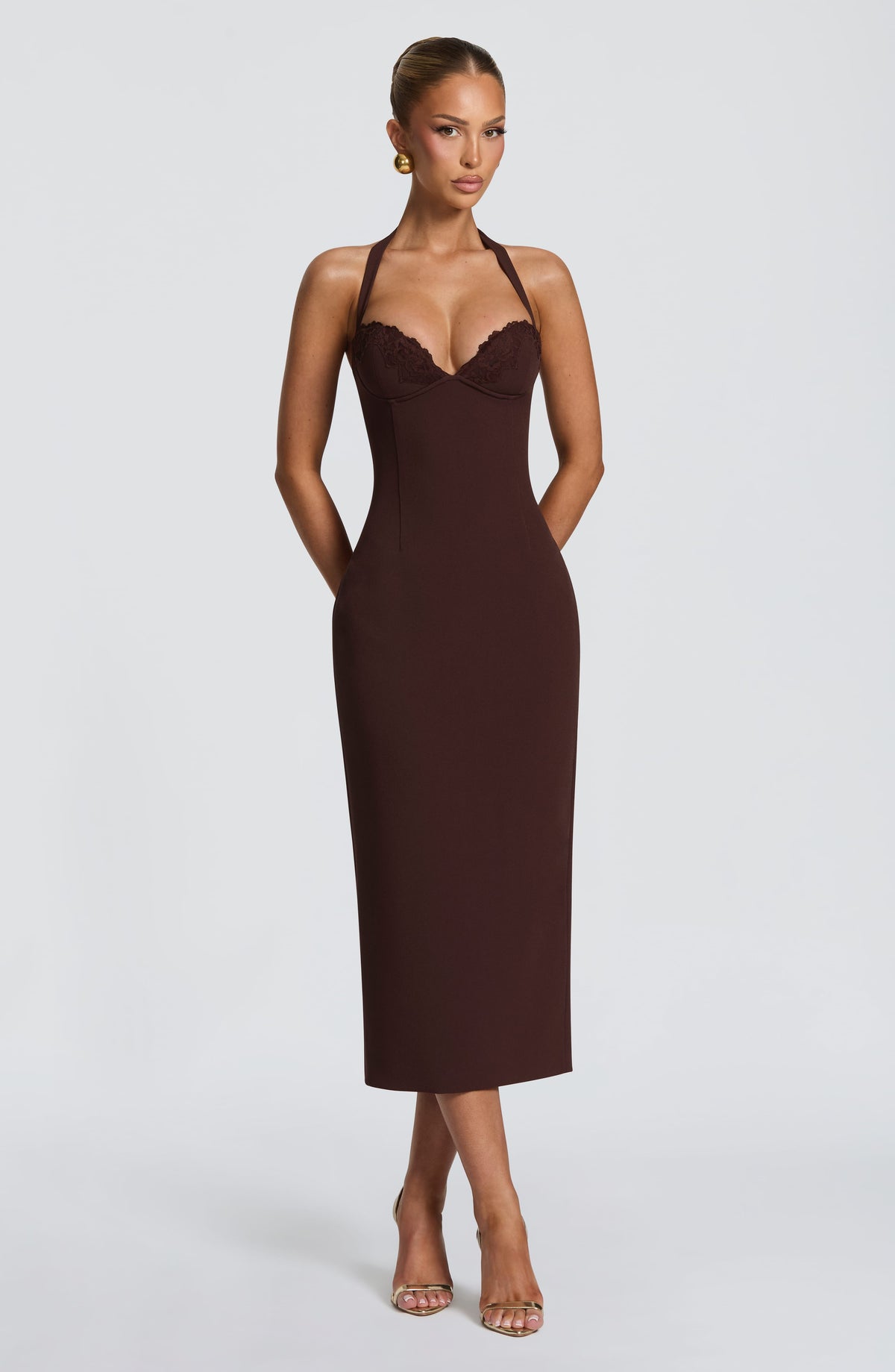 Cassiana Midi Dress in Plum Brown
