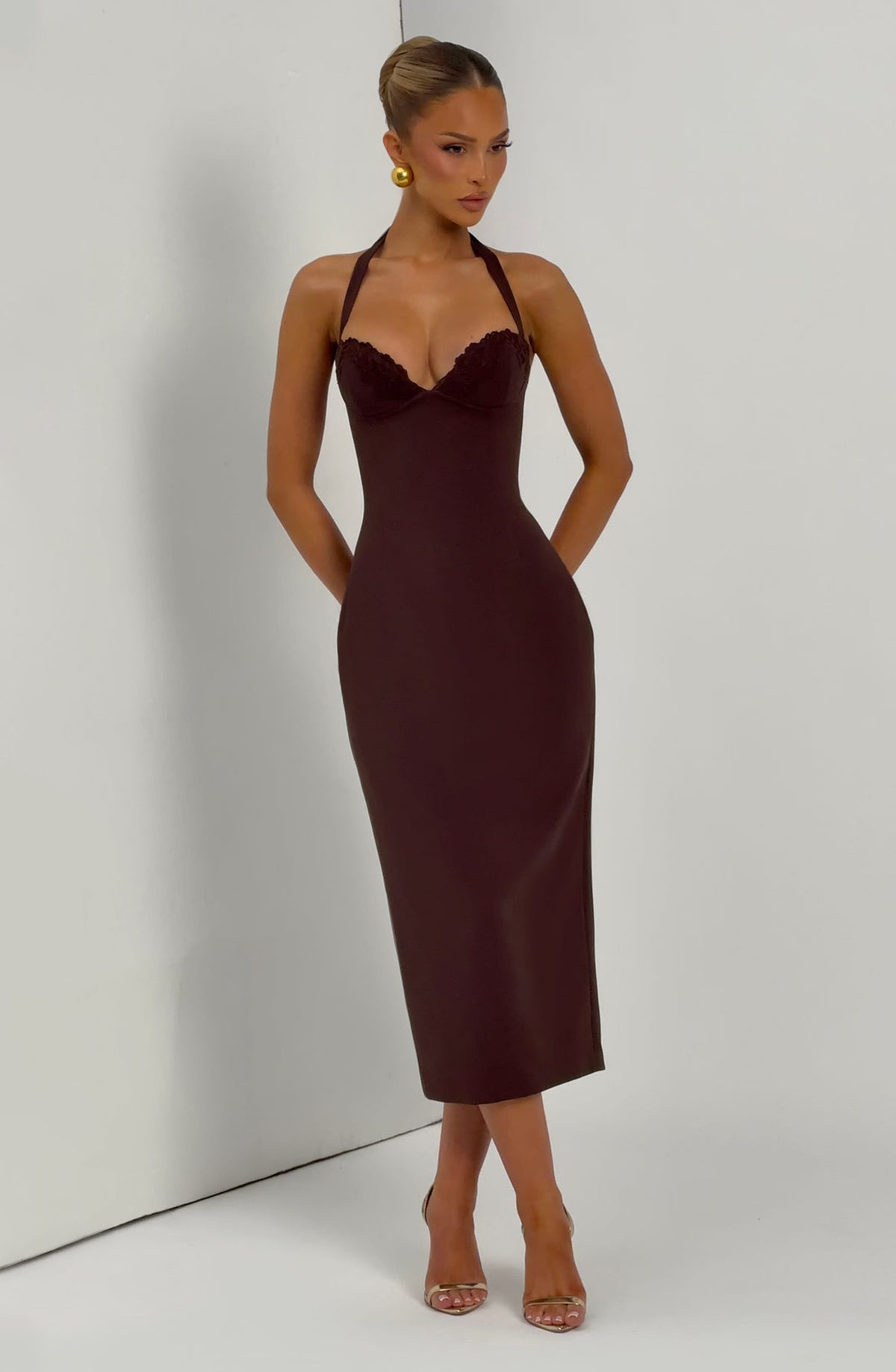 Cassiana Midi Dress in Plum Brown