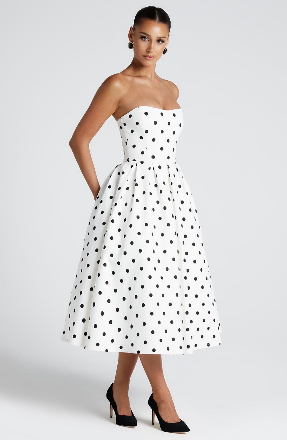 Editha Midi Dress in Black Polka Dot Print
