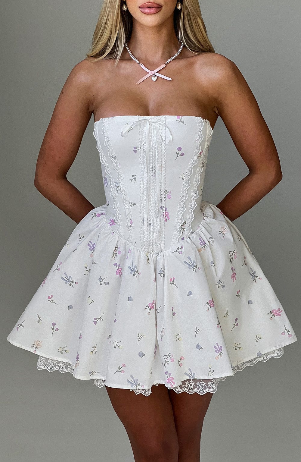 Evienne Mini Dress in White Multi Floral Print