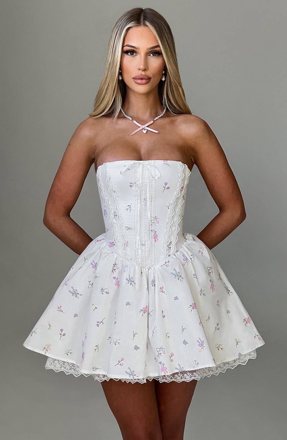 Evienne Mini Dress in White Multi Floral Print