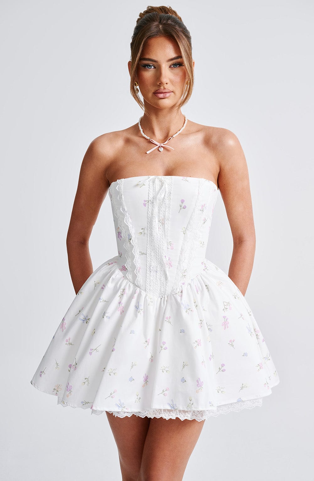 Evienne Mini Dress in White Multi Floral Print