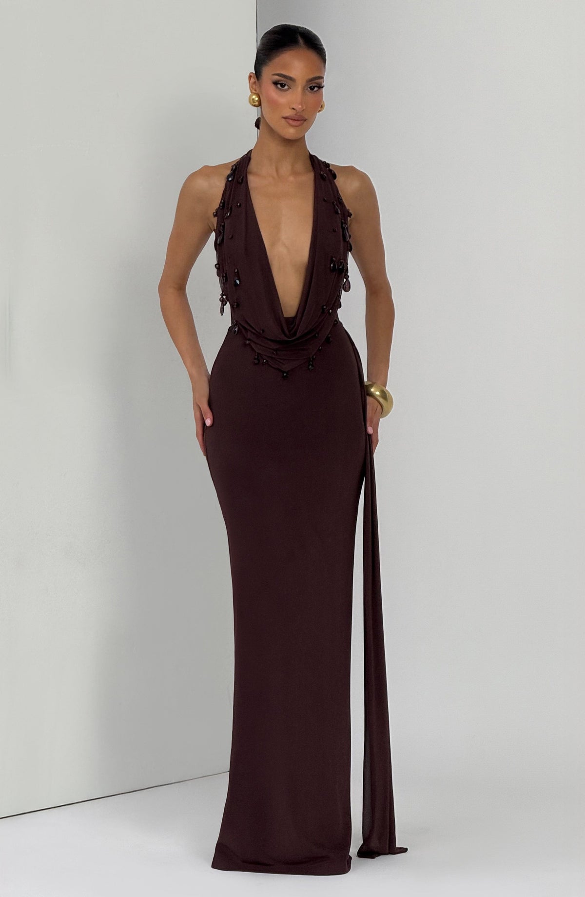 Fabiana Maxi Dress in Plum Brown